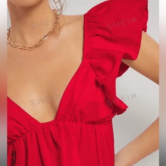 SHEIN Haute Solid Color Ruffle Hem Backless A-Line Dress With Bowknot On Back - Picture 4 of 5